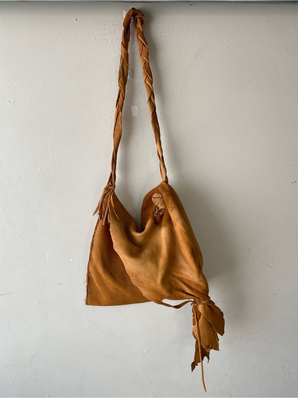 Handmade Asymmetrical Leather Shoulder Bag Tan Distressed Boho Grunge OS - Picture 2 of 16